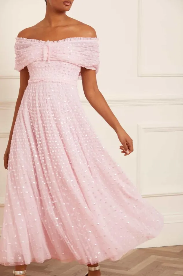 Women Embellished Dresses Needle and Thread Grace Gloss OffShoulder Ankle Gown Pink