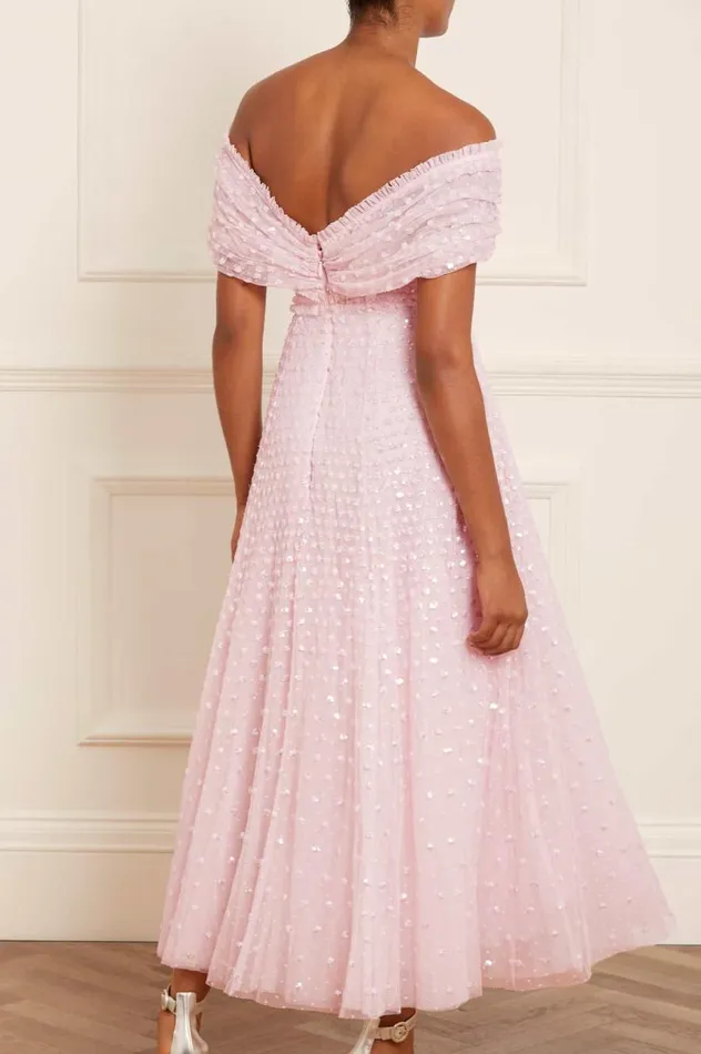Women Embellished Dresses Needle and Thread Grace Gloss OffShoulder Ankle Gown Pink
