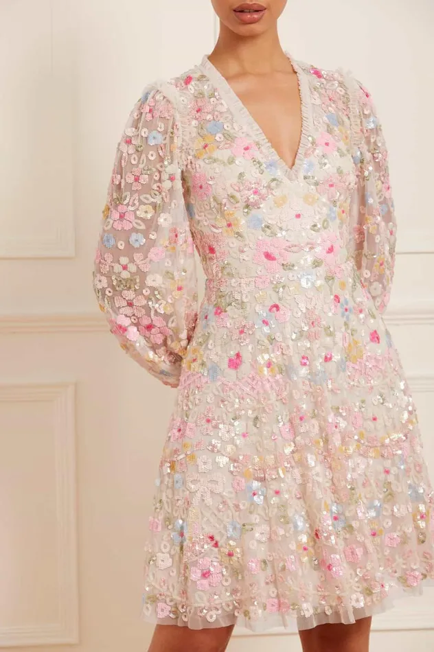 Women Embellished Dresses Needle and Thread Shimmer Fairytale VNeck Mini Dress Champagne Women Embellished Dresses Needle and Thread Shimmer Fairytale VNeck Mini Dress Champagne