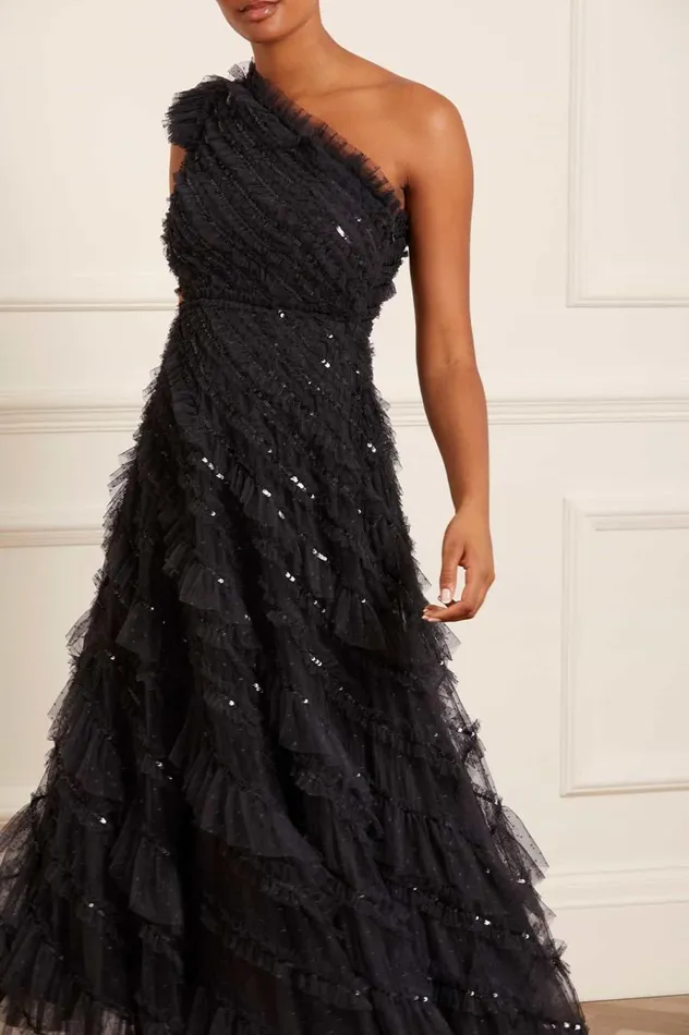 Women Embellished Dresses Needle and Thread Spiral Sequin OneShoulder Ankle Gown Black