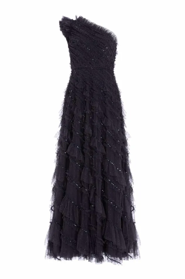 Women Embellished Dresses Needle and Thread Spiral Sequin OneShoulder Ankle Gown Black