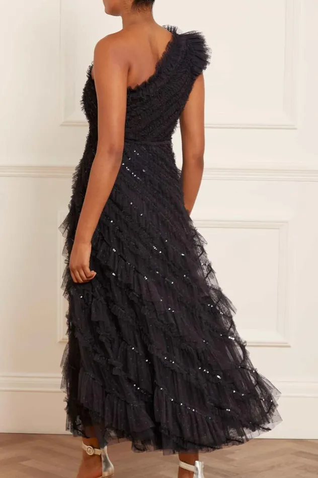 Women Embellished Dresses Needle and Thread Spiral Sequin OneShoulder Ankle Gown Black