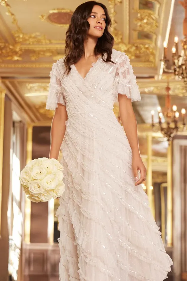 Women Embellished Dresses Needle and Thread Spiral Sequin VNeck Ankle Gown Champagne