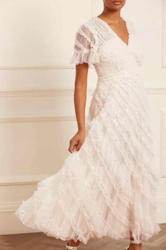 Women Embellished Dresses Needle and Thread Spiral Sequin VNeck Ankle Gown Champagne