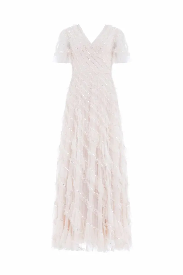 Women Embellished Dresses Needle and Thread Spiral Sequin VNeck Ankle Gown Champagne