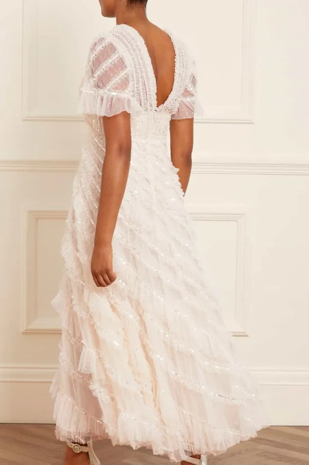 Women Embellished Dresses Needle and Thread Spiral Sequin VNeck Ankle Gown Champagne