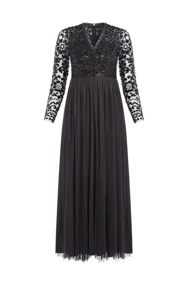 Women Embellished Dresses Needle and Thread Tempest VNeck Bodice Ankle Gown Black