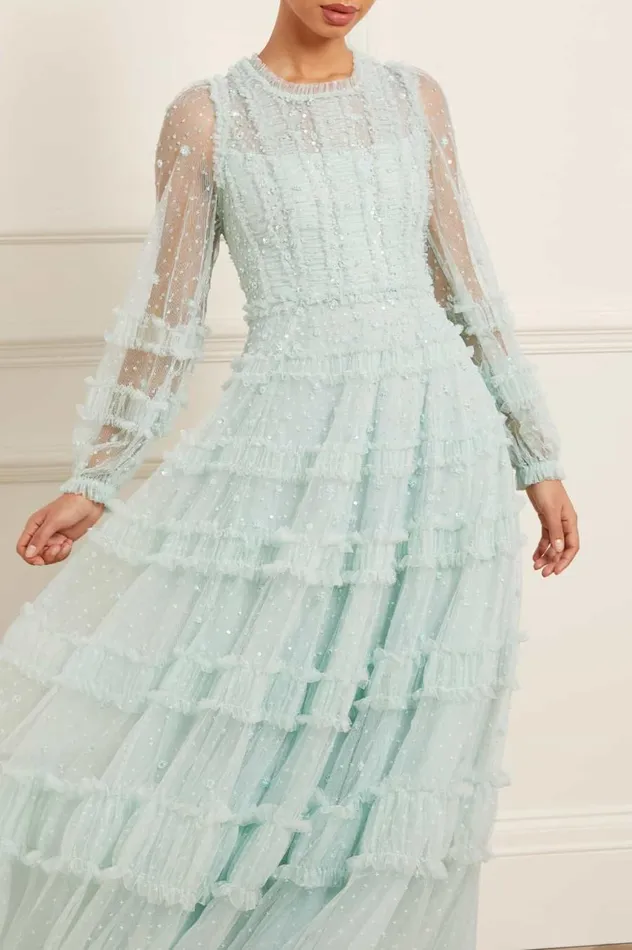 Women Embellished Dresses Needle and Thread Violet Shimmer Ankle Gown Green