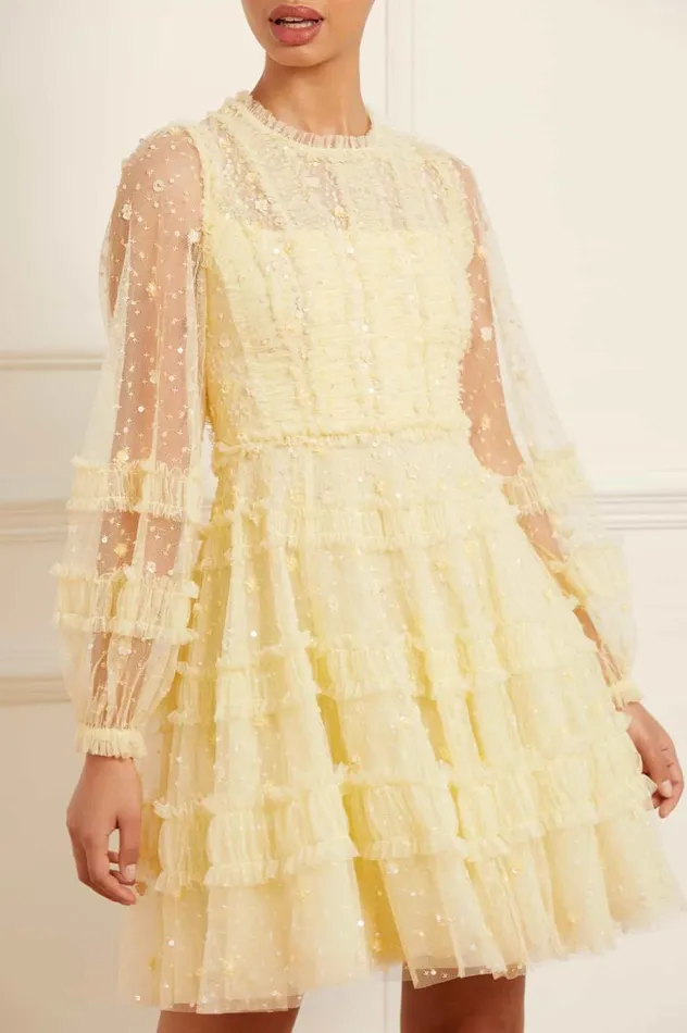 Women Embellished Dresses Needle and Thread Violet Shimmer Micro Mini Dress Yellow