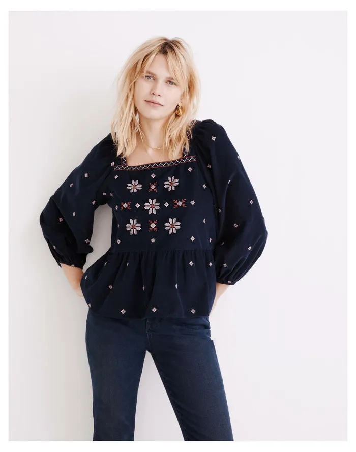 Women Embroidered Corduroy Button Back Peplum Top Dark Baltic Madewell Tops and Shirts