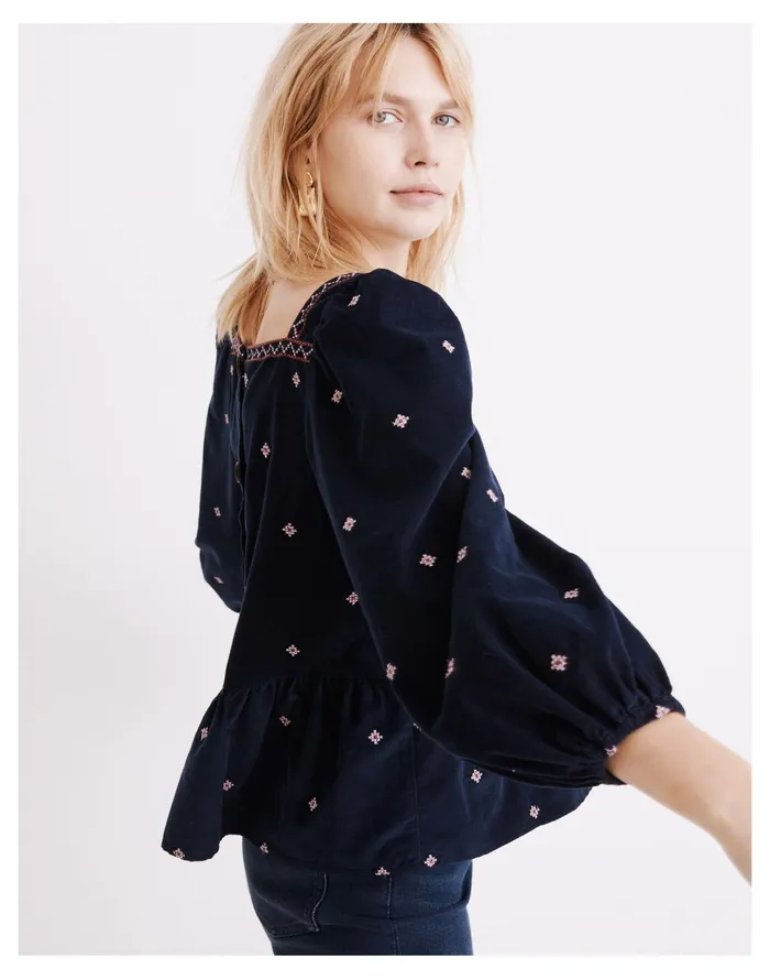 Women Embroidered Corduroy Button Back Peplum Top Dark Baltic Madewell Tops and Shirts Women Embroidered Corduroy Button Back Peplum Top Dark Baltic Madewell Tops and Shirts