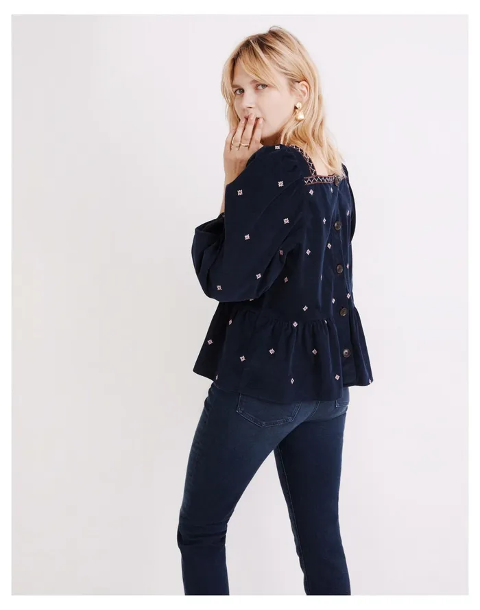 Women Embroidered Corduroy Button Back Peplum Top Dark Baltic Madewell Tops and Shirts Women Embroidered Corduroy Button Back Peplum Top Dark Baltic Madewell Tops and Shirts