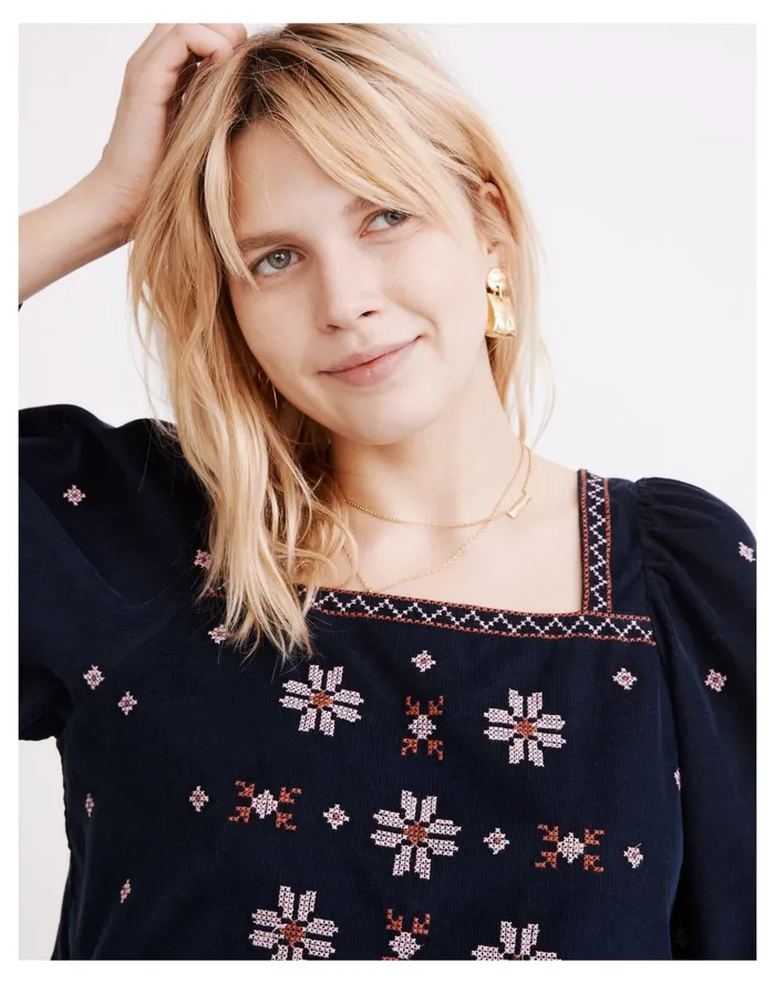 Women Embroidered Corduroy Button Back Peplum Top Dark Baltic Madewell Tops and Shirts Women Embroidered Corduroy Button Back Peplum Top Dark Baltic Madewell Tops and Shirts