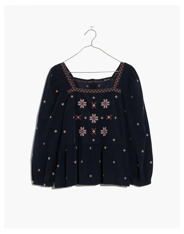 Women Embroidered Corduroy Button Back Peplum Top Dark Baltic Madewell Tops and Shirts Women Embroidered Corduroy Button Back Peplum Top Dark Baltic Madewell Tops and Shirts