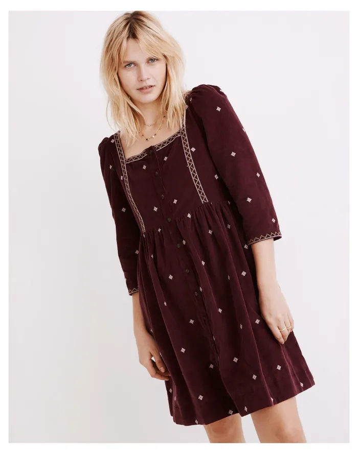 Women Embroidered Corduroy Button Front Mini Dress Dark Fig Madewell Dresses
