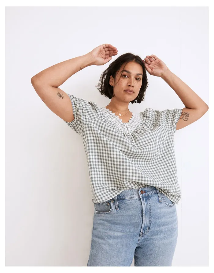Women Embroidered Linen Blend Swing Top In Gingham Check Faded Shale Madewell Tops and Shirts Women Embroidered Linen Blend Swing Top In Gingham Check Faded Shale Madewell Tops and Shirts