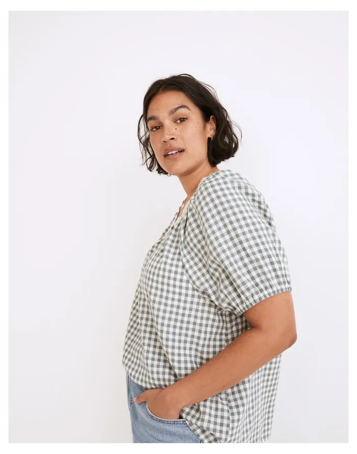 Women Embroidered Linen Blend Swing Top In Gingham Check Faded Shale Madewell Tops and Shirts Women Embroidered Linen Blend Swing Top In Gingham Check Faded Shale Madewell Tops and Shirts