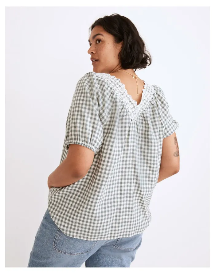 Women Embroidered Linen Blend Swing Top In Gingham Check Faded Shale Madewell Tops and Shirts Women Embroidered Linen Blend Swing Top In Gingham Check Faded Shale Madewell Tops and Shirts