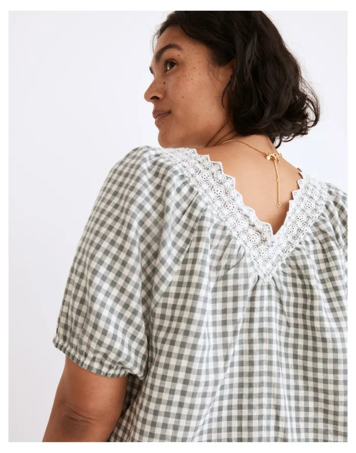 Women Embroidered Linen Blend Swing Top In Gingham Check Faded Shale Madewell Tops and Shirts Women Embroidered Linen Blend Swing Top In Gingham Check Faded Shale Madewell Tops and Shirts