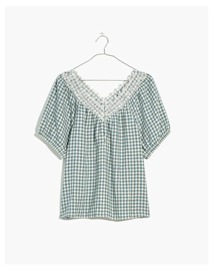 Women Embroidered Linen Blend Swing Top In Gingham Check Faded Shale Madewell Tops and Shirts Women Embroidered Linen Blend Swing Top In Gingham Check Faded Shale Madewell Tops and Shirts
