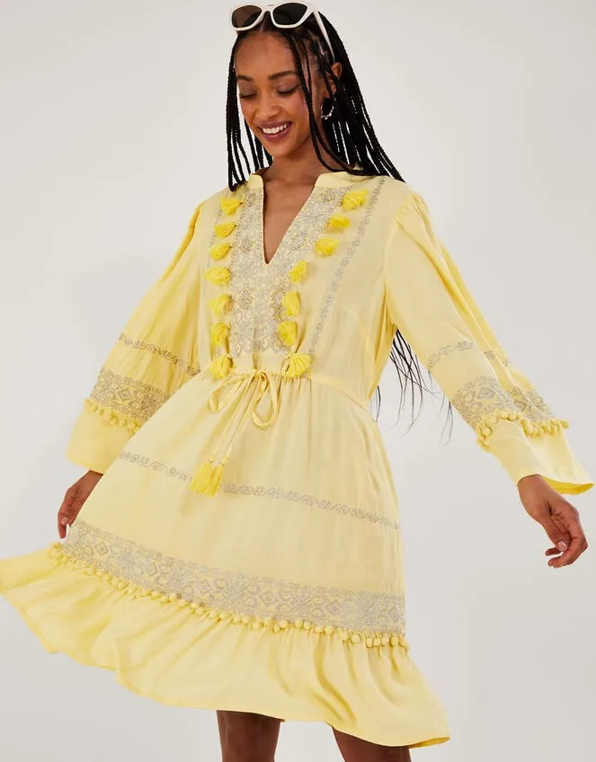 Women Embroidered PomPom Kaftan Dress In Lenzing Ecovero Yellow Monsoon Dresses