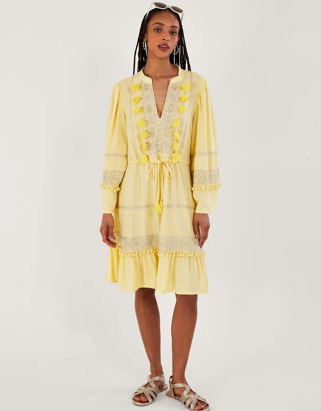 Women Embroidered PomPom Kaftan Dress In Lenzing Ecovero Yellow Monsoon Dresses