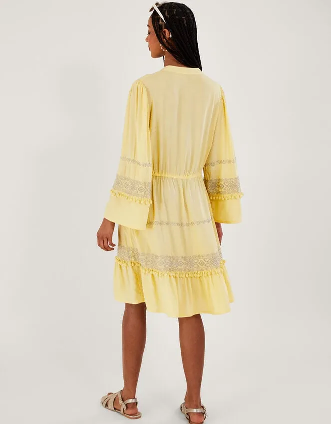 Women Embroidered PomPom Kaftan Dress In Lenzing Ecovero Yellow Monsoon Dresses