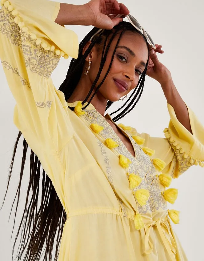 Women Embroidered PomPom Kaftan Dress In Lenzing Ecovero Yellow Monsoon Dresses