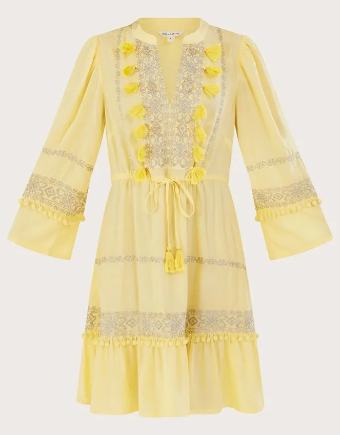 Women Embroidered PomPom Kaftan Dress In Lenzing Ecovero Yellow Monsoon Dresses