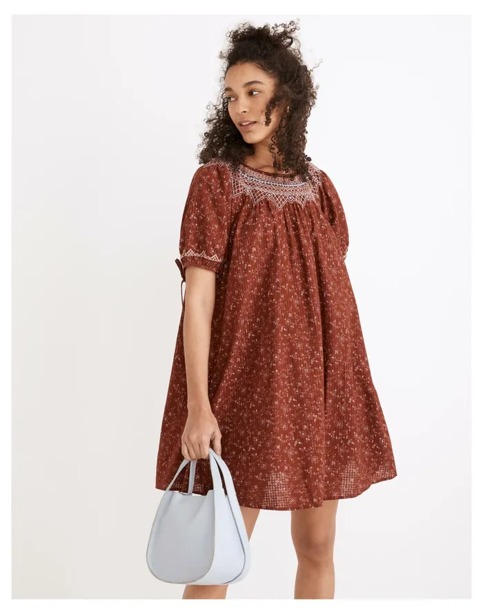 Women Embroidered Puff Sleeve Babydoll Dress In Dotted Vines Rusted Burgundy Madewell Dresses Women Embroidered Puff Sleeve Babydoll Dress In Dotted Vines Rusted Burgundy Madewell Dresses