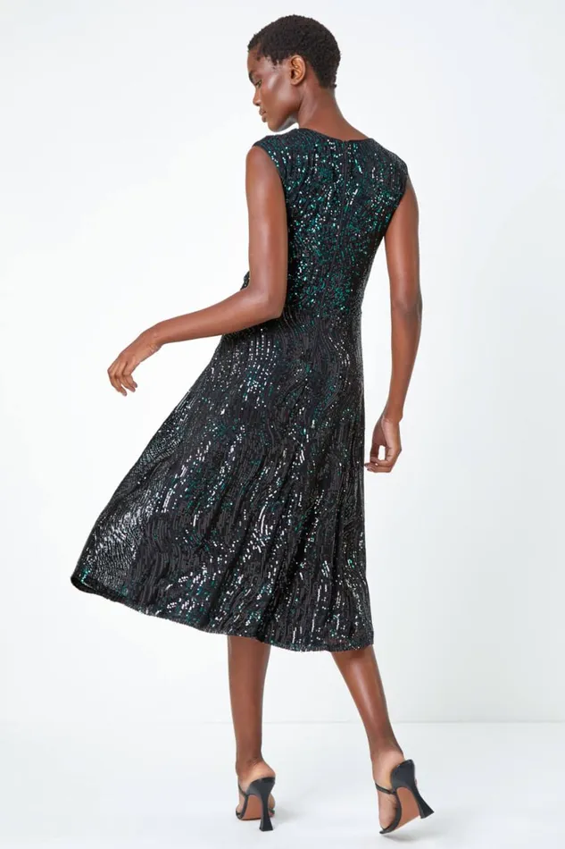 Women Emerald Sequin Twist Front Midi Stretch Dress Roman Dresses