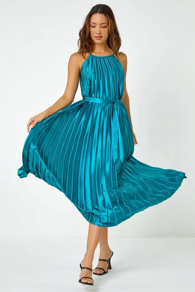 Women Emerald Sleeveless Pleated Halter Neck Midi Dress Roman Dresses