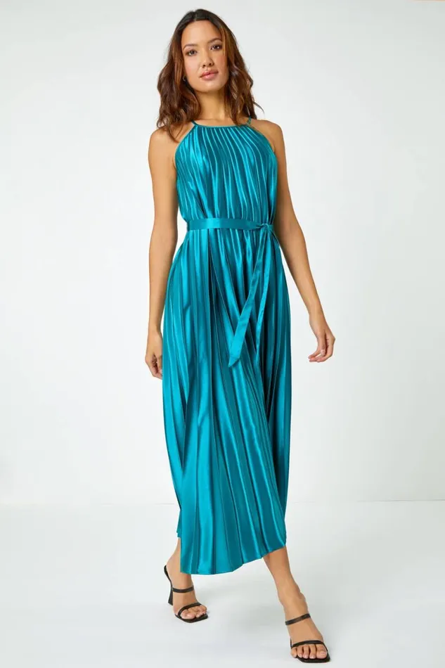 Women Emerald Sleeveless Pleated Halter Neck Midi Dress Roman Dresses