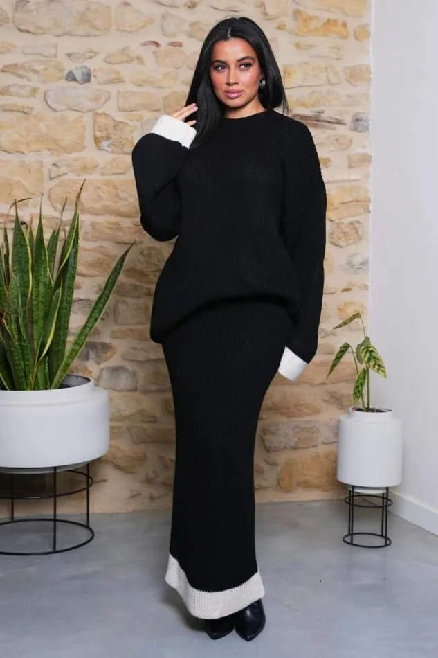 Women Ensemble 2 Pices Pull Jupe Bicolore Noir Et Beige Black Brentiny Paris White Tops