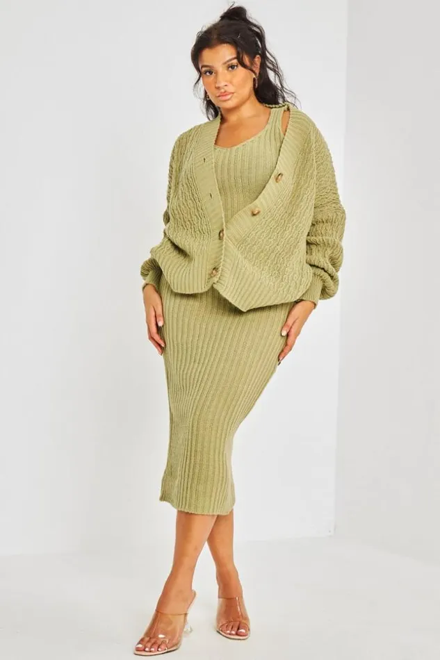 Women Ensemble 2 Pices Robe Gilet Kaki Khaki Brentiny Paris Cardigans