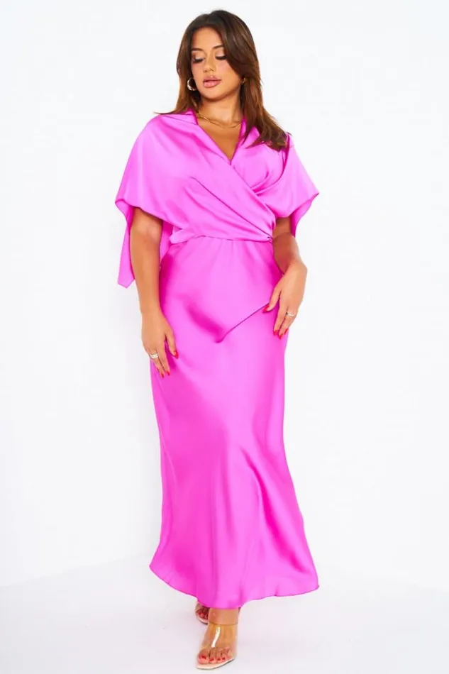 Women Ensemble 2 Pices Robe Poncho Satin Fuchsia Pink Brentiny Paris Ceremonial Outfits