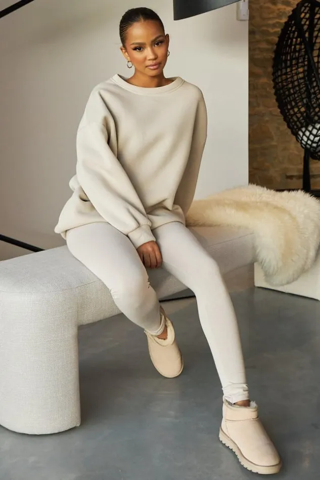 Women Ensemble 2 Pices Sweat Legging Beige Beige Brentiny Paris White Tops