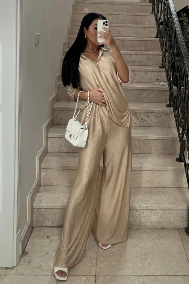 Women Ensemble 2 Pices Top Pantalon Beige Pliss Beige Brentiny Paris TShirts