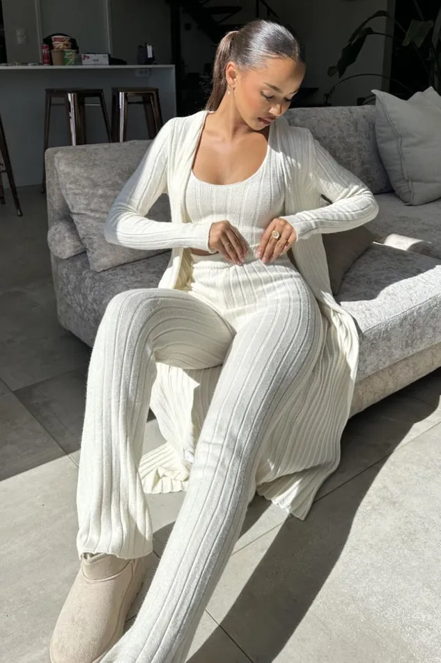 Women Ensemble 3 Pices Gilet Top Pantalon cru Ctel Ecru Brentiny Paris Cardigans Women Ensemble 3 Pices Gilet Top Pantalon cru Ctel Ecru Brentiny Paris Cardigans