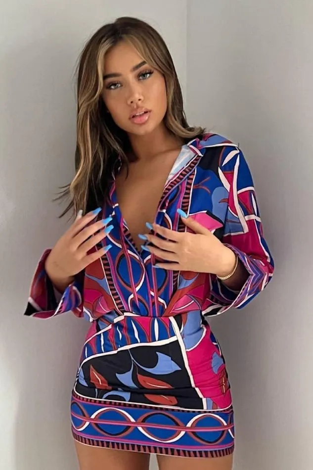 Women Ensemble Chemise Jupe Courte BleuFuchsia Motif Graphique Brentiny Paris Shirts and Blouses Women Ensemble Chemise Jupe Courte BleuFuchsia Motif Graphique Brentiny Paris Shirts and Blouses