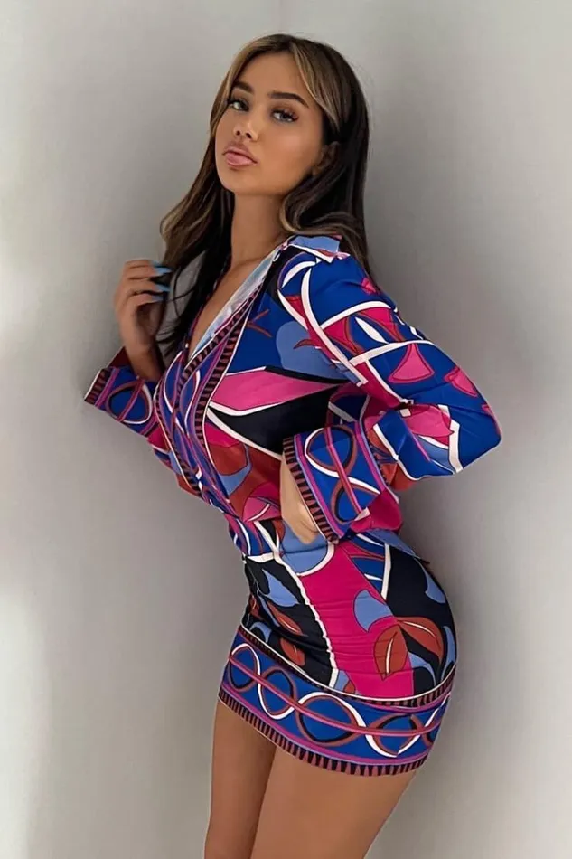 Women Ensemble Chemise Jupe Courte BleuFuchsia Motif Graphique Brentiny Paris Shirts and Blouses Women Ensemble Chemise Jupe Courte BleuFuchsia Motif Graphique Brentiny Paris Shirts and Blouses