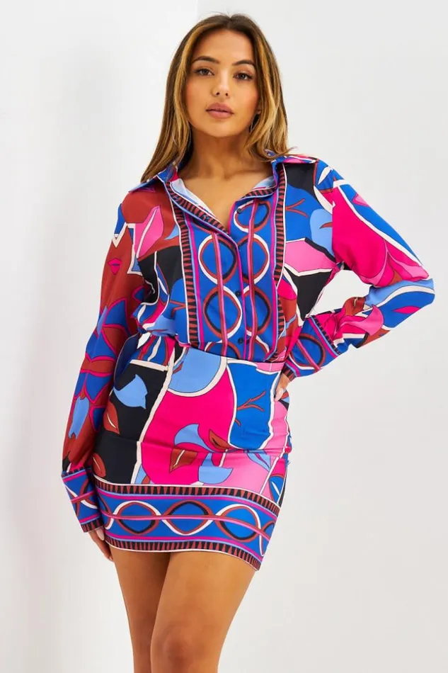 Women Ensemble Chemise Jupe Courte BleuFuchsia Motif Graphique Brentiny Paris Shirts and Blouses Women Ensemble Chemise Jupe Courte BleuFuchsia Motif Graphique Brentiny Paris Shirts and Blouses
