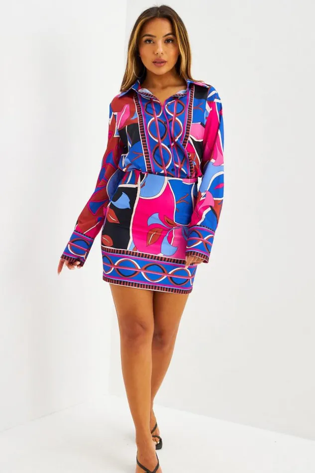Women Ensemble Chemise Jupe Courte BleuFuchsia Motif Graphique Brentiny Paris Shirts and Blouses Women Ensemble Chemise Jupe Courte BleuFuchsia Motif Graphique Brentiny Paris Shirts and Blouses
