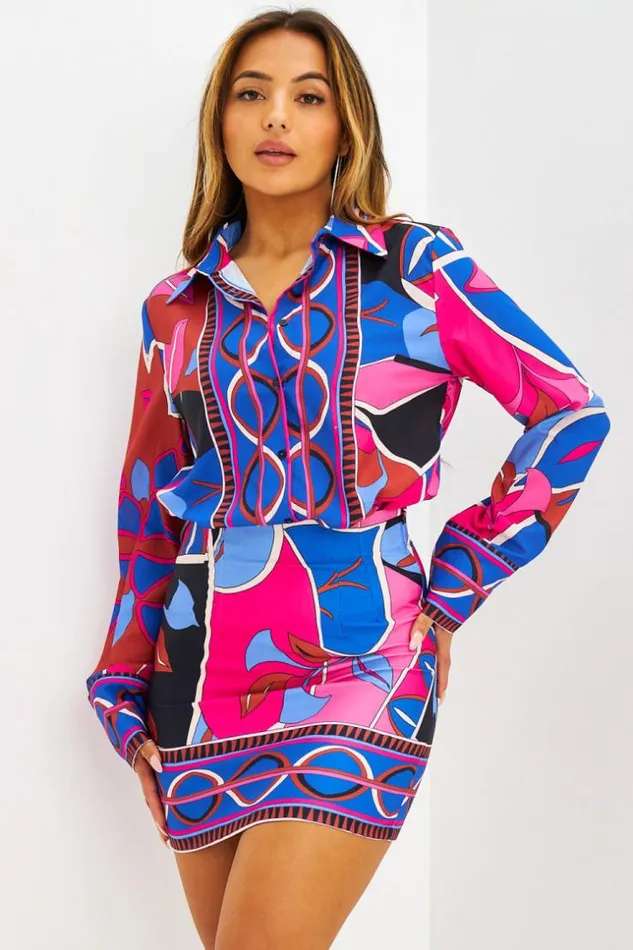 Women Ensemble Chemise Jupe Courte BleuFuchsia Motif Graphique Brentiny Paris Shirts and Blouses Women Ensemble Chemise Jupe Courte BleuFuchsia Motif Graphique Brentiny Paris Shirts and Blouses