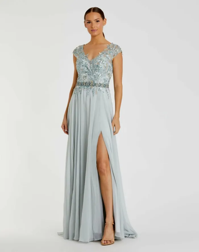 Women Evening Gowns Mac Duggal Embellished Cap Sleeve Bodice Flowy Gown Seamist