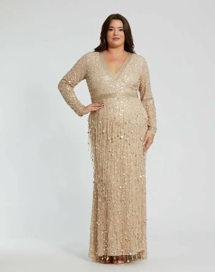 Women Evening Gowns Mac Duggal Embellished Fringe Long Sleeve Gown Nude Gold