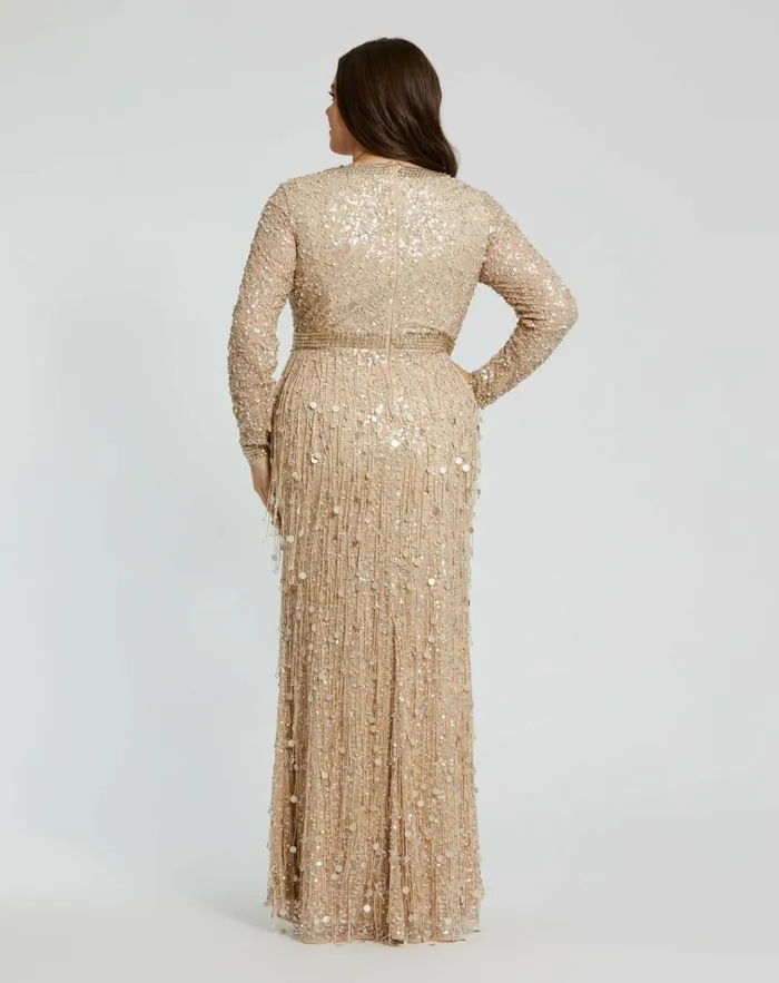 Women Evening Gowns Mac Duggal Embellished Fringe Long Sleeve Gown Nude Gold