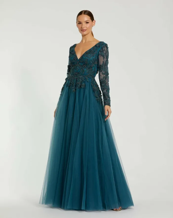 Women Evening Gowns Mac Duggal Long Sleeve Embellished Tulle Gown Teal