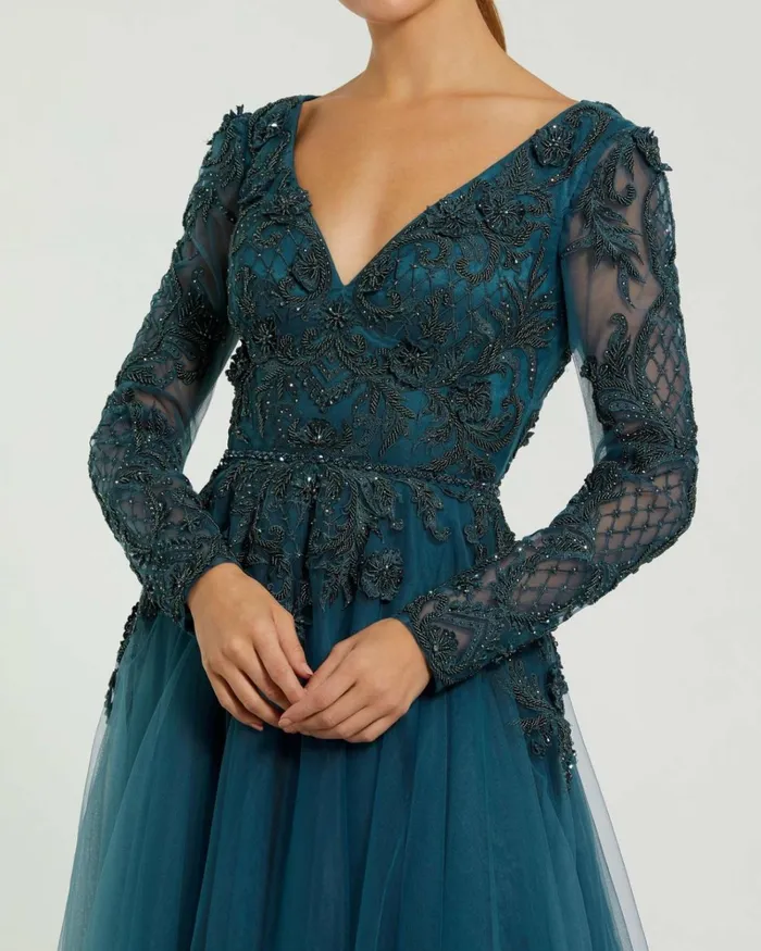 Women Evening Gowns Mac Duggal Long Sleeve Embellished Tulle Gown Teal Women Evening Gowns Mac Duggal Long Sleeve Embellished Tulle Gown Teal