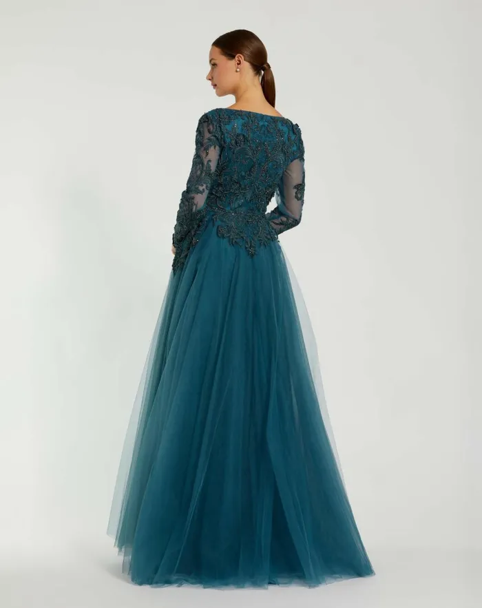 Women Evening Gowns Mac Duggal Long Sleeve Embellished Tulle Gown Teal Women Evening Gowns Mac Duggal Long Sleeve Embellished Tulle Gown Teal